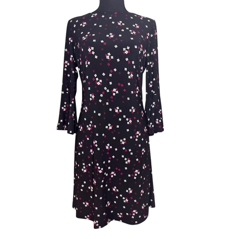 Tommy Hilfiger Black Floral Fit & Flare Dress Size 4 Women's Flowers Bell Sleeve
